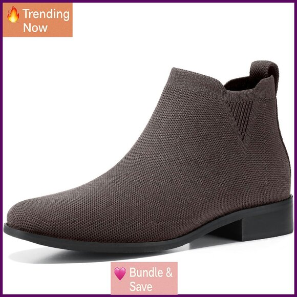Women's Square Toe Slip On Ankle Boots Low Heel Knit Chelsea Booties